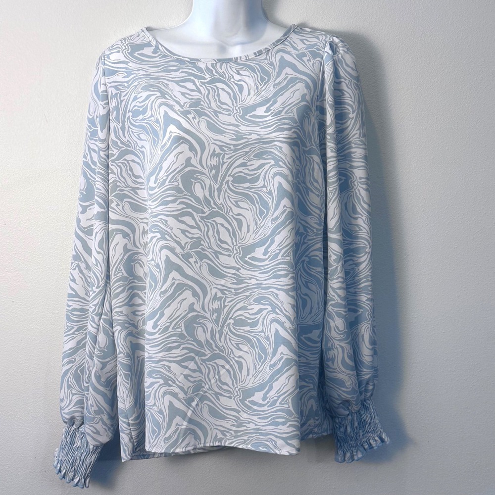 Vine‎ & Love Marbled Print Long Sleeve Blouse Top Blue White Medium